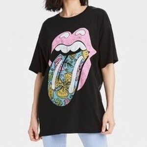 The Rolling Stones Graphic T-Shirt L/XL Black Band Tee Rock & Roll Floral Tongue